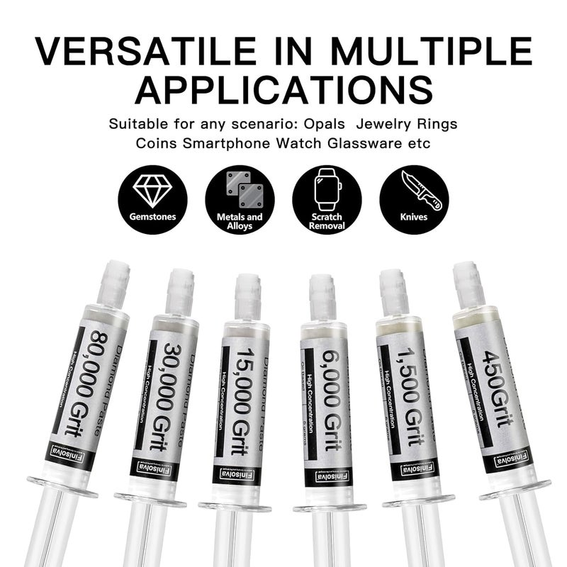 Finisolva Diamond Polishing Compound Kit of 6 Polishing Lapping Paste 80,000 to 450 Grit for Glass Watch Marble Metal Resin Rock Jewelry Etc. with High Concentration of Diamond Powder Scratch Remover Repair - Image 3
